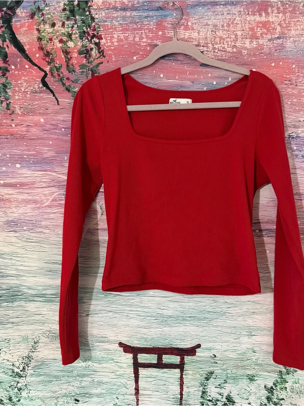 Red Ribbed Square-Neck Long Sleeve Top